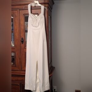 Elegant Beaded Halter Maxi Dress/Gown With Front Slit & Sweetheart Neckline